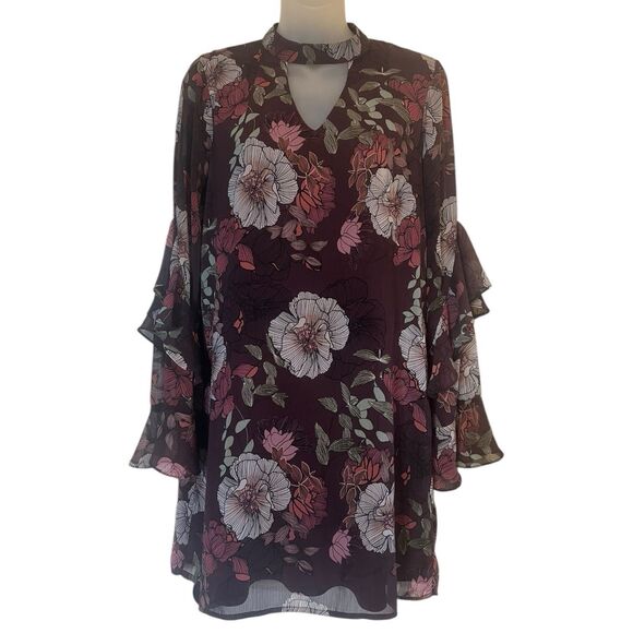 Charlotte Russe Sheer Floral Dress Ruffle Sleeve Fall Layering Purple S - Picture 2 of 13